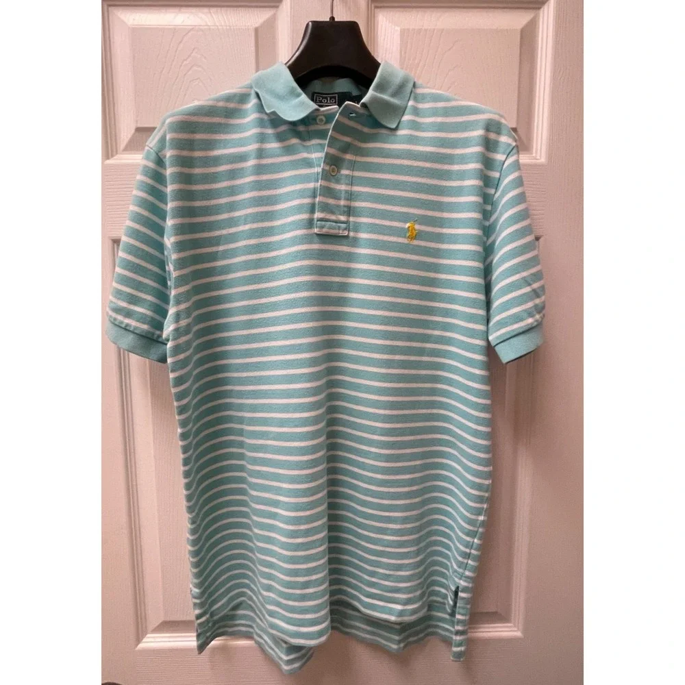 Polo Ralph Lauren Men's Size Large  Turquoise Striped Polo‎ Shirt Yellow Pony